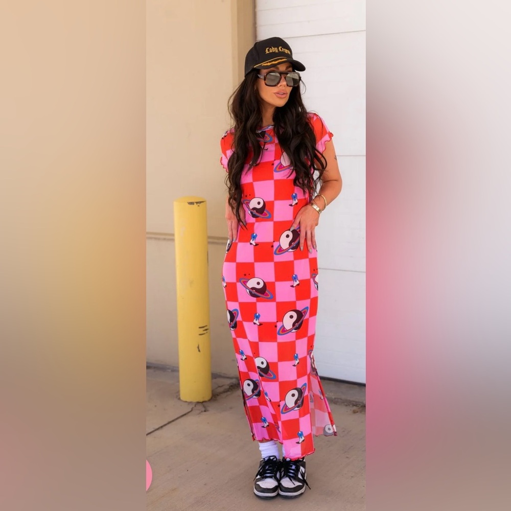 Pink Checkerboard Maxi Dress with Yin Yang Print
